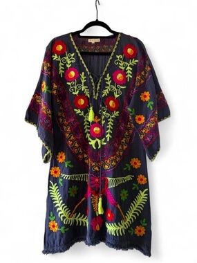 Ruby Yaya Embroidered Floral Navy Tunic with Bright Multicolor Stitching